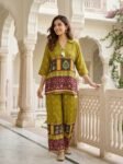 Colossal Olive Green Floral Pichwai Print Cotton Co-Ord Set for Women | VEDEERA