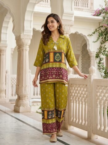 Colossal Olive Green Floral Pichwai Print Cotton Co-Ord Set for Women | VEDEERA