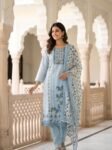 Sky Blue Floral Printed Cotton Kurta Set for Women