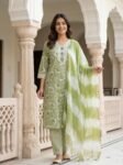 Olive Green Floral Printed Cotton 3-Piece Kurta Set with Tie-Dye Dupatta - Elegant Straight Fit Ready-to-Wear Women's Suit | VEDEERA FRONT_DRESS_VIEW_202606102249