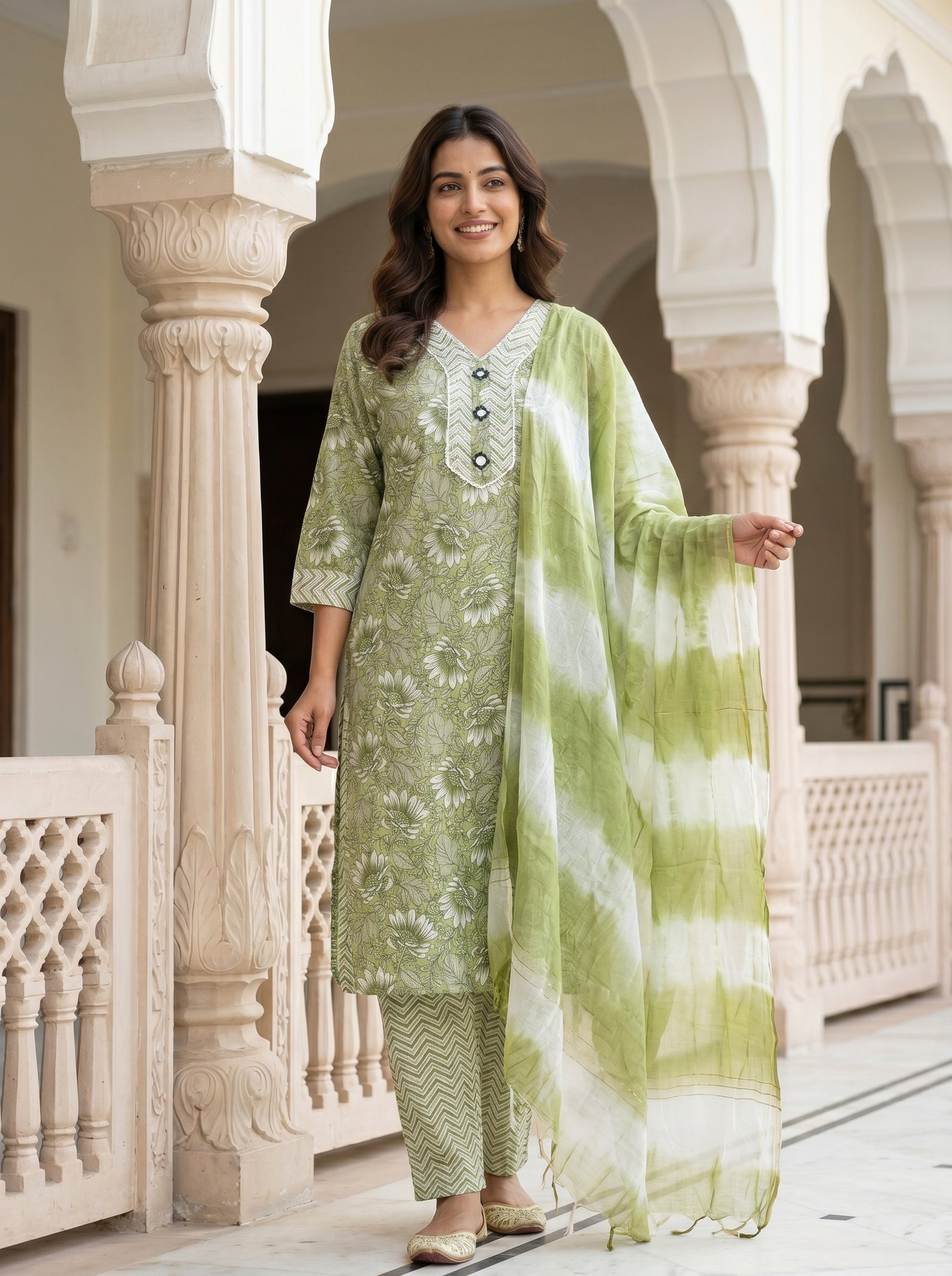FRONT_DRESS_VIEW_202606102249 Olive Green Floral Printed Cotton Kurta Set for Women