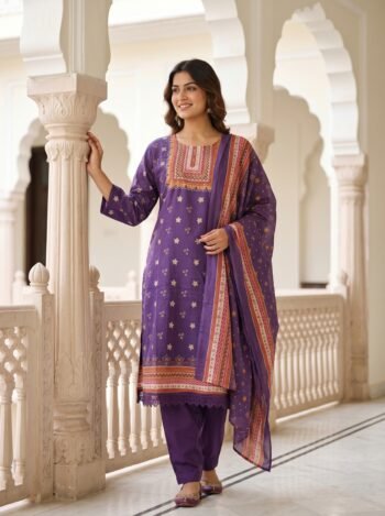 Elegant Pastel Plum Purple Floral Cotton Kurta Set