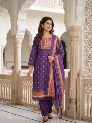 VEDEERA Pastel Rose Floral Printed Cotton 3-Piece Kurta Set with Tie-Dye Dupatta - Elegant Straight Fit Ready-to-Wear Women's Suit.
