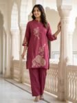 Tempting Elegant Magenta Embroidered Poly Silk Ethnic Co-Ord Set for Women