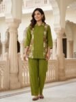 VEDEERA Exclusive Olive Green Floral Printed Poly Silk Co-Ord Set for Women