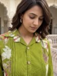 VEDEERA Exclusive Olive Green Floral Printed Poly Silk Co-Ord Set for Women