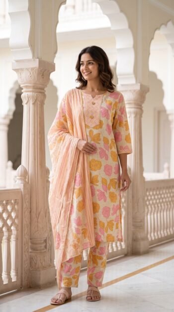 Elegant womens Cotton Floral Printed 3 Piece Salwar Suit Set with Dupatta