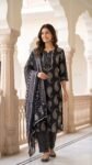 Black Paisley Cotton 3-Pc Kurta Pant Dupatta Set
