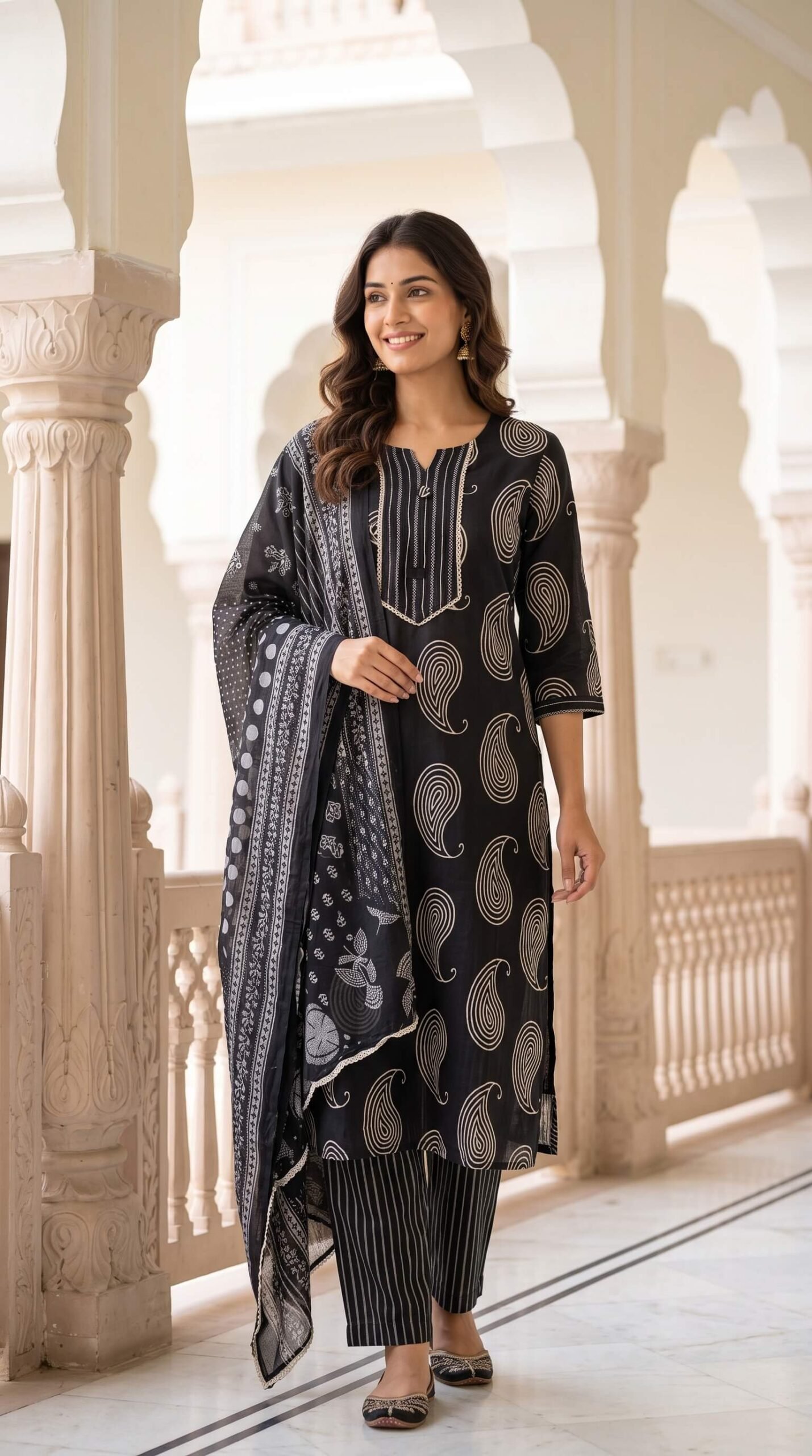 Black Paisley Cotton 3-Pc Kurta Pant Dupatta Set Black Paisley Cotton 3-Pc Kurta Pant Dupatta Set