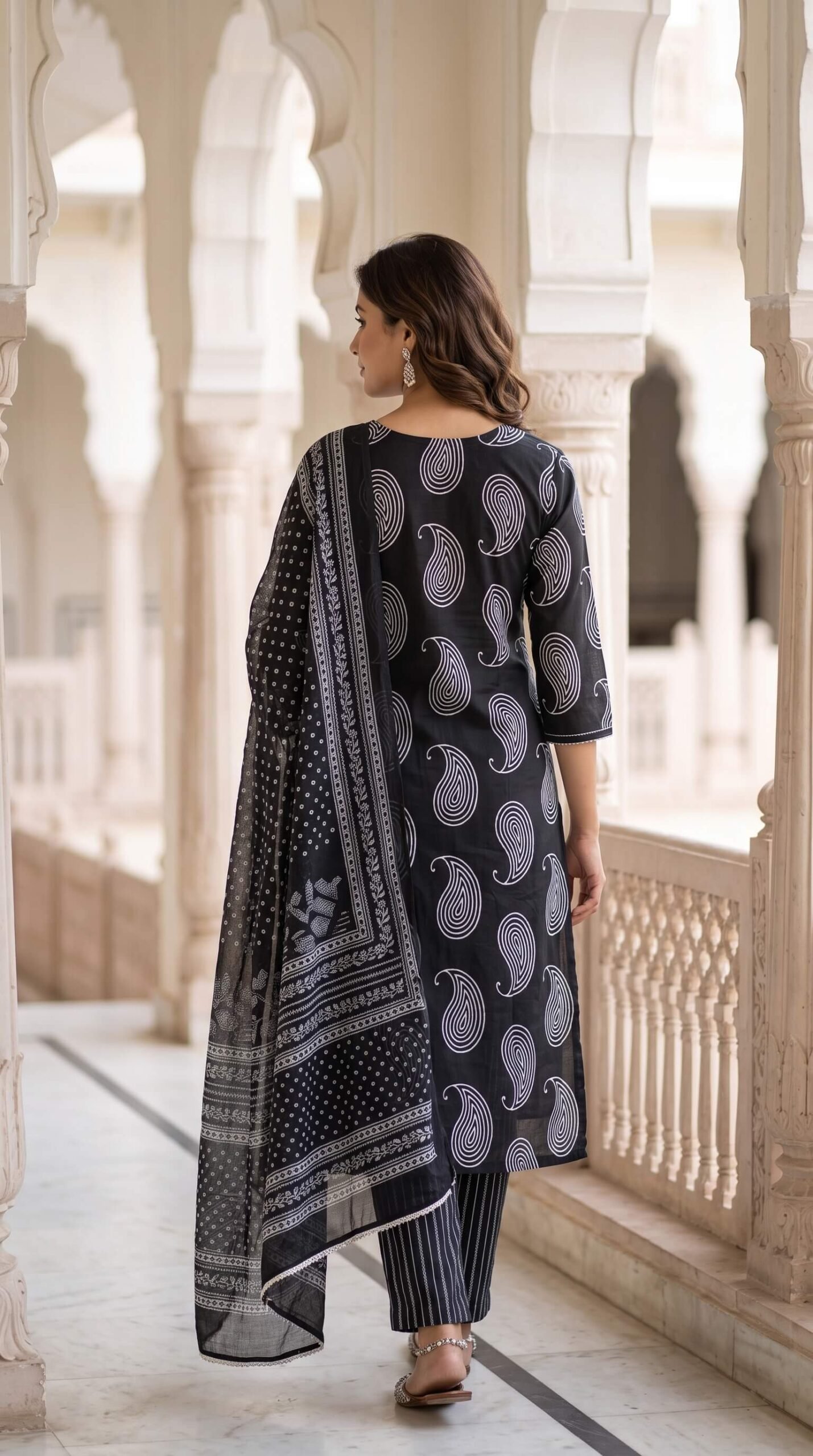 Black Paisley Cotton 3-Pc Kurta Pant Dupatta Set2 Black Paisley Cotton 3-Pc Kurta Pant Dupatta Set