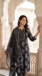 Black Paisley Cotton 3-Pc Kurta Pant Dupatta Set