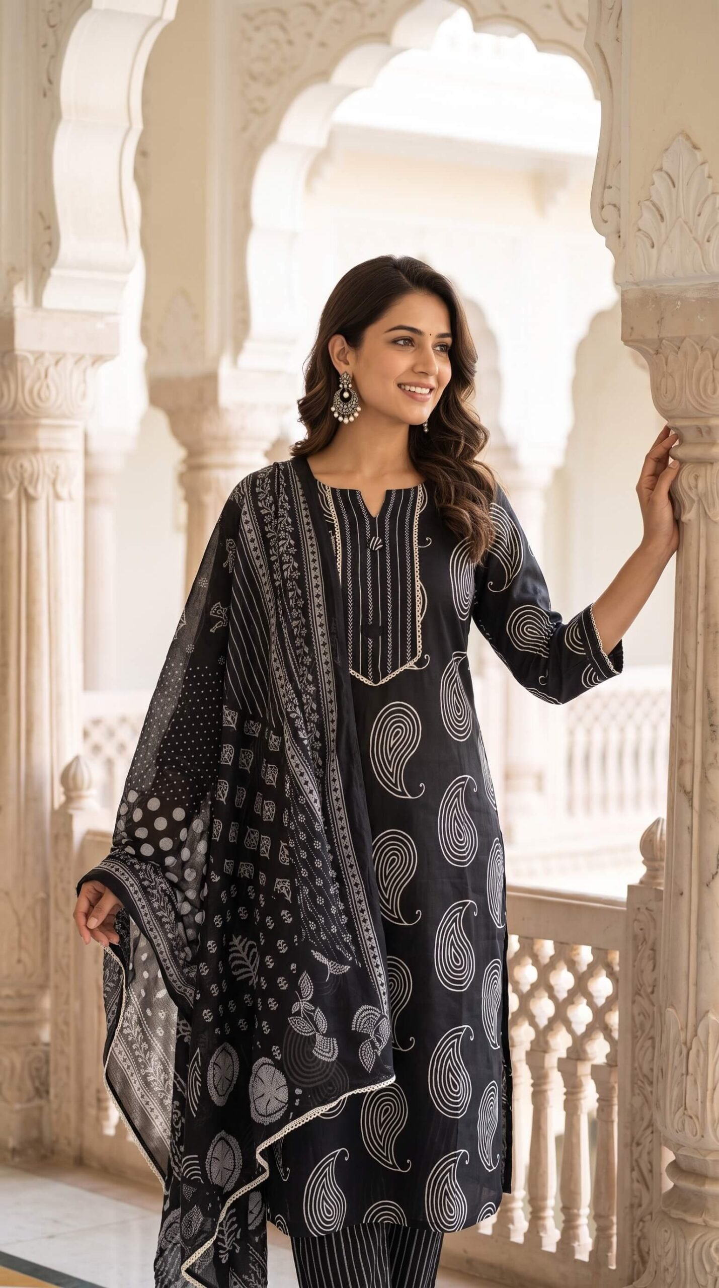Black Paisley Cotton 3-Pc Kurta Pant Dupatta Set5 Black Paisley Cotton 3-Pc Kurta Pant Dupatta Set