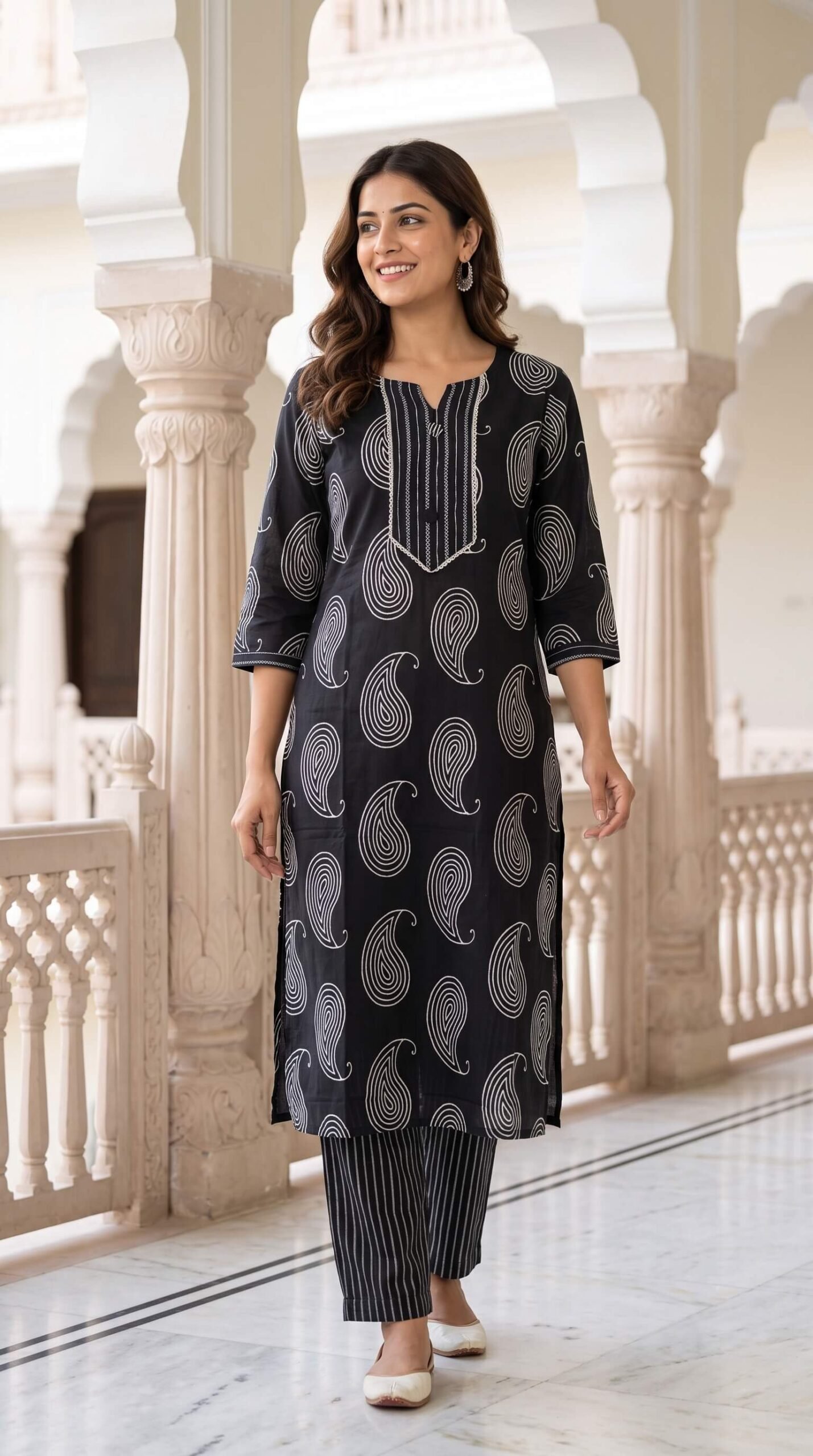 Black Paisley Cotton 3-Pc Kurta Pant Dupatta Set6 Black Paisley Cotton 3-Pc Kurta Pant Dupatta Set