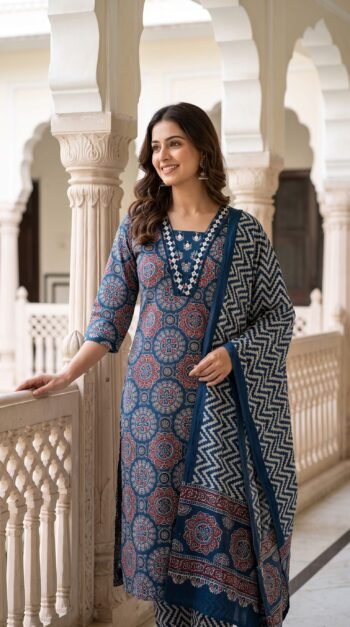 Indigo Ajrakh Print Cotton 3-Pc Mirror Work Salwar Suit Set