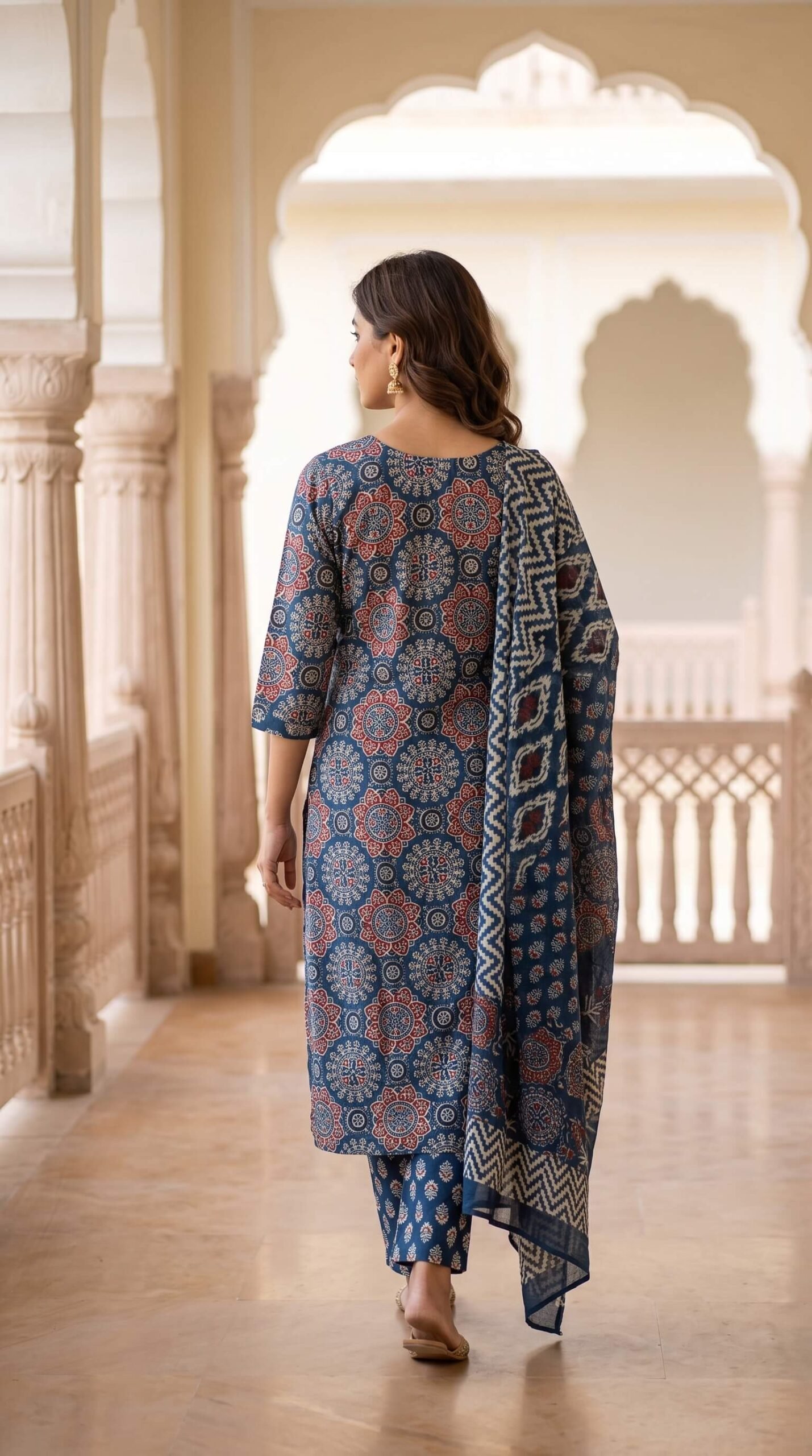 Indigo Ajrakh Print Cotton 3-Pc Mirror Work Salwar Suit Set2 Indigo Ajrakh Print Cotton 3-Pc Mirror Work Salwar Suit Set