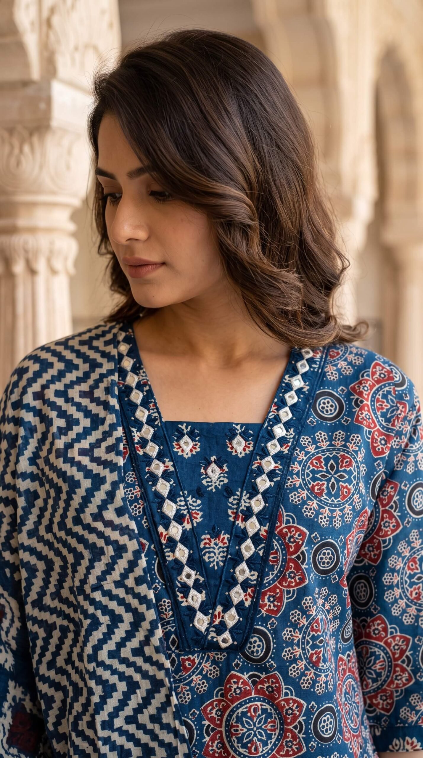 Indigo Ajrakh Print Cotton 3-Pc Mirror Work Salwar Suit Set3 Indigo Ajrakh Print Cotton 3-Pc Mirror Work Salwar Suit Set