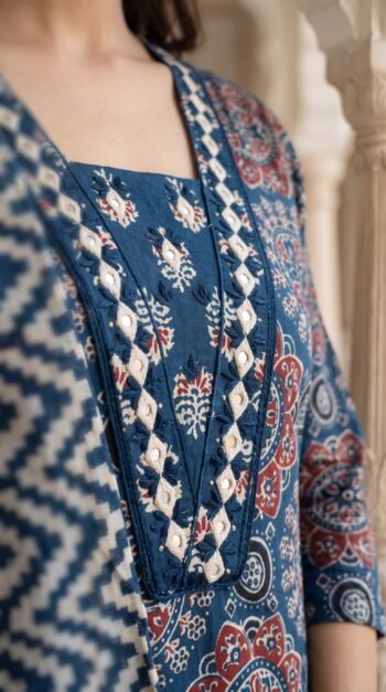 Indigo Ajrakh Print Cotton 3-Pc Mirror Work Salwar Suit Set