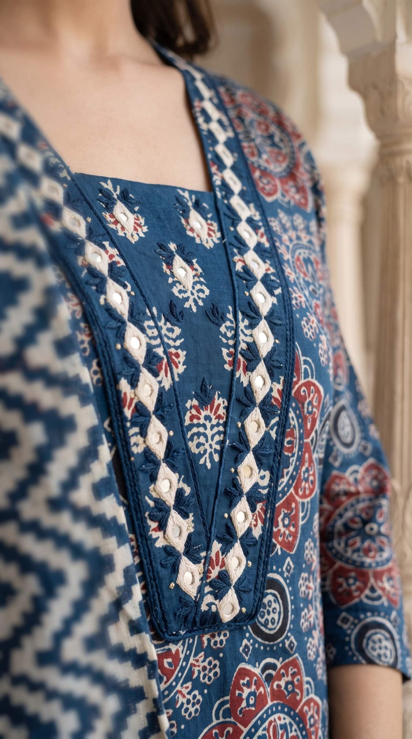 Indigo Ajrakh Print Cotton 3-Pc Mirror Work Salwar Suit Set4 Indigo Ajrakh Print Cotton 3-Pc Mirror Work Salwar Suit Set