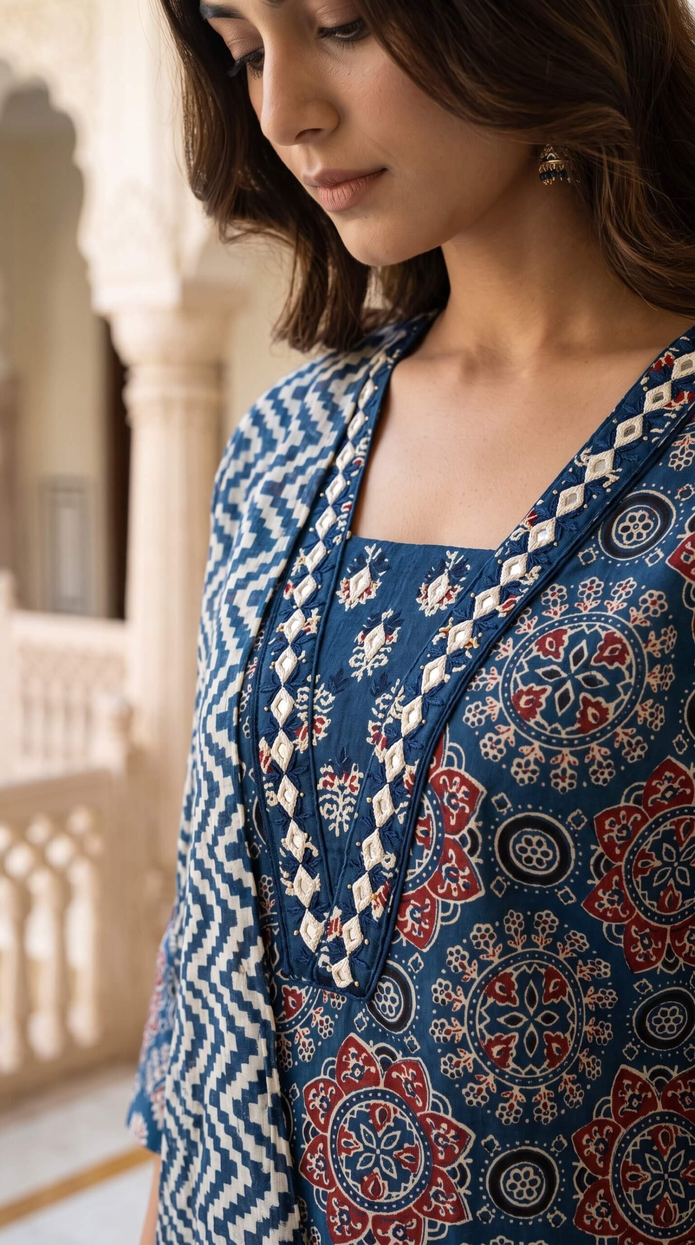Indigo Ajrakh Print Cotton 3-Pc Mirror Work Salwar Suit Set5 Indigo Ajrakh Print Cotton 3-Pc Mirror Work Salwar Suit Set