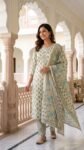 Ivory Turquoise Floral Cotton 3-Pc Kurta Pant Dupatta Set