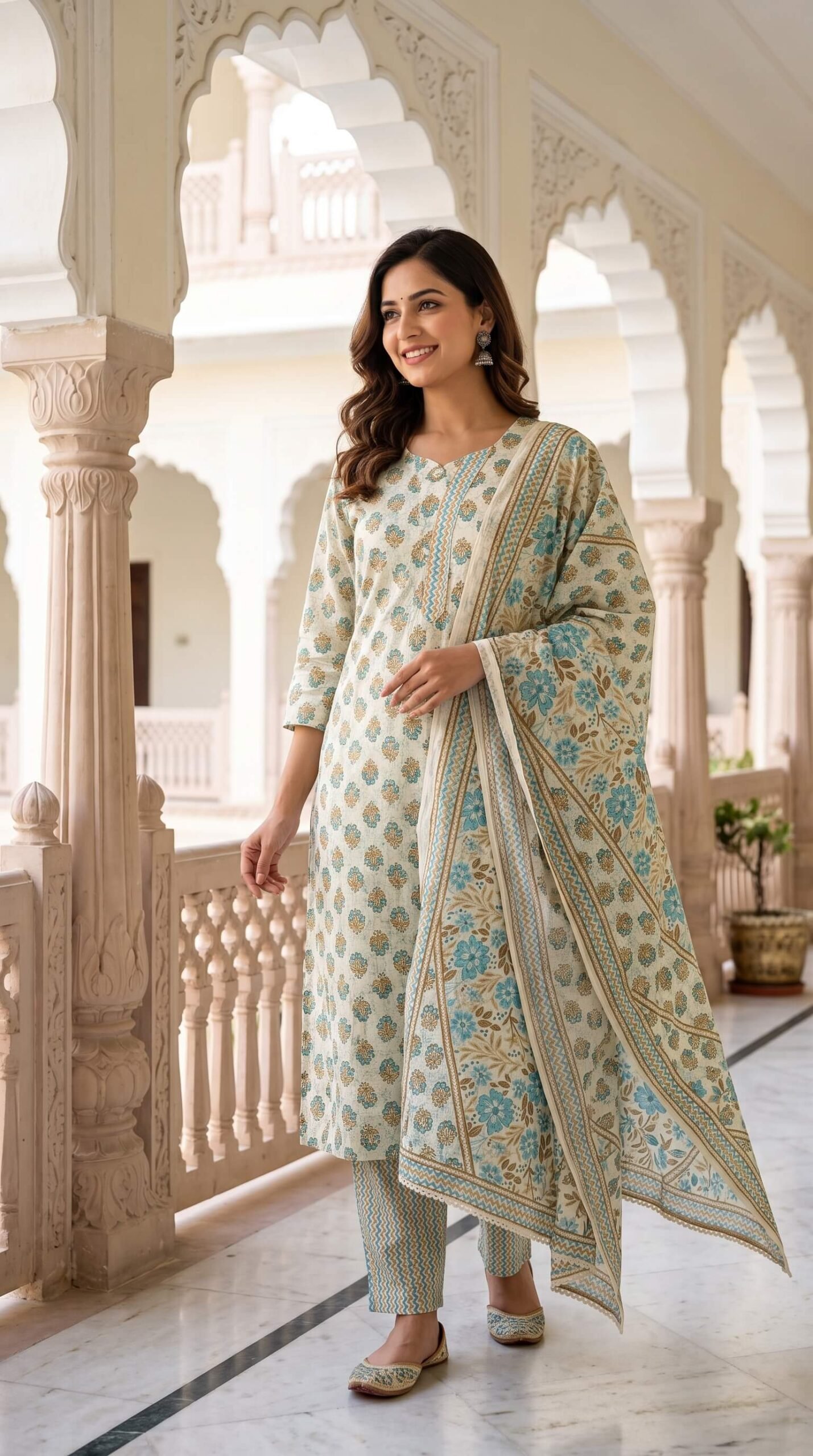 Ivory Turquoise Floral Cotton 3-Pc Kurta Pant Dupatta Set Ivory Turquoise Floral Cotton 3-Pc Kurta Pant Dupatta Set