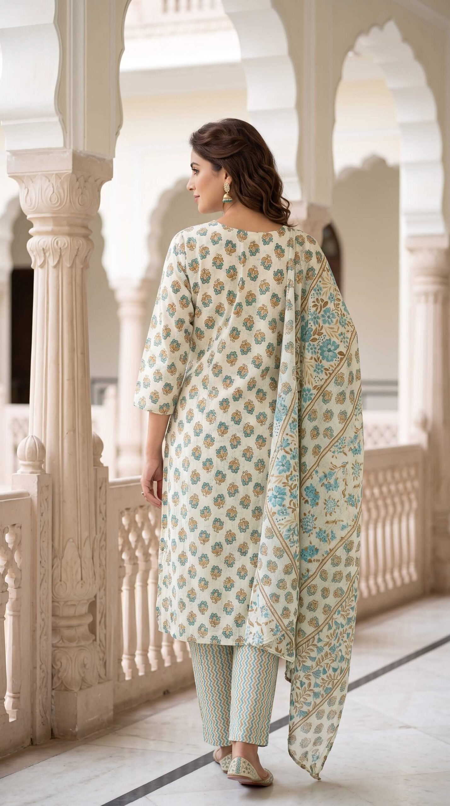 Ivory Turquoise Floral Cotton 3-Pc Kurta Pant Dupatta Set2 Ivory Turquoise Floral Cotton 3-Pc Kurta Pant Dupatta Set