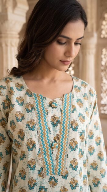 Ivory Turquoise Floral Cotton 3-Pc Kurta Pant Dupatta Set