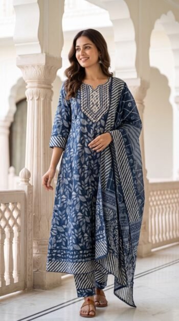 Luxury Blue Cotton Anarkali Suit Set for Women