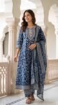 Luxury Blue Cotton Anarkali Suit Set for Women