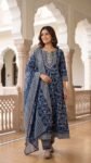 Luxury Blue Cotton Anarkali Suit Set for Women