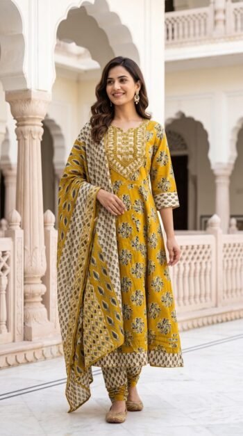 Premium Mustard Yellow Cotton Anarkali Salwar Suit Set with Dupatta