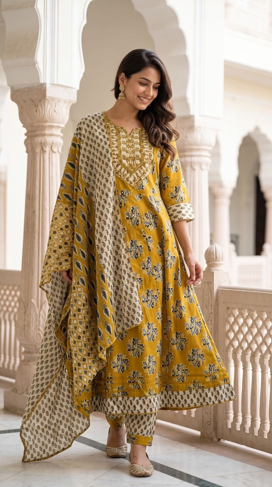 Premium Mustard Yellow Cotton Anarkali Salwar Suit Set with Dupatta1