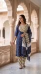 Premium Navy Blue Printed Cotton Salwar Suit Set with Dupatta For Women | VEDEERA Premium Navy Blue Printed Cotton Salwar Suit Set with Dupatta For Women VEDEERA