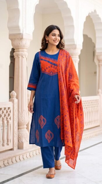 Royal Blue Cotton Kurta Set with Contrast Orange Dupatta – 3 Piece Ethnic Suit for Women