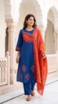 Royal Blue Cotton Kurta Set with Contrast Orange Dupatta – 3 Piece Ethnic Suit for Women