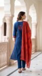 Royal Blue Cotton Kurta Set with Contrast Orange Dupatta – 3 Piece Ethnic Suit for Women