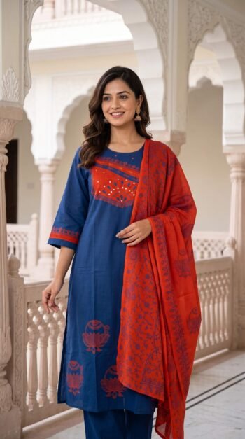 Royal Blue Cotton Kurta Set with Contrast Orange Dupatta – 3 Piece Ethnic Suit for Women