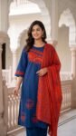Royal Blue Cotton Kurta Set with Contrast Orange Dupatta – 3 Piece Ethnic Suit for Women