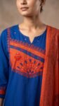 Royal Blue Cotton Kurta Set with Contrast Orange Dupatta – 3 Piece Ethnic Suit for Women
