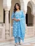 Sky Blue Floral Cotton 3-Pc Chevron Yoke Salwar Suit Set