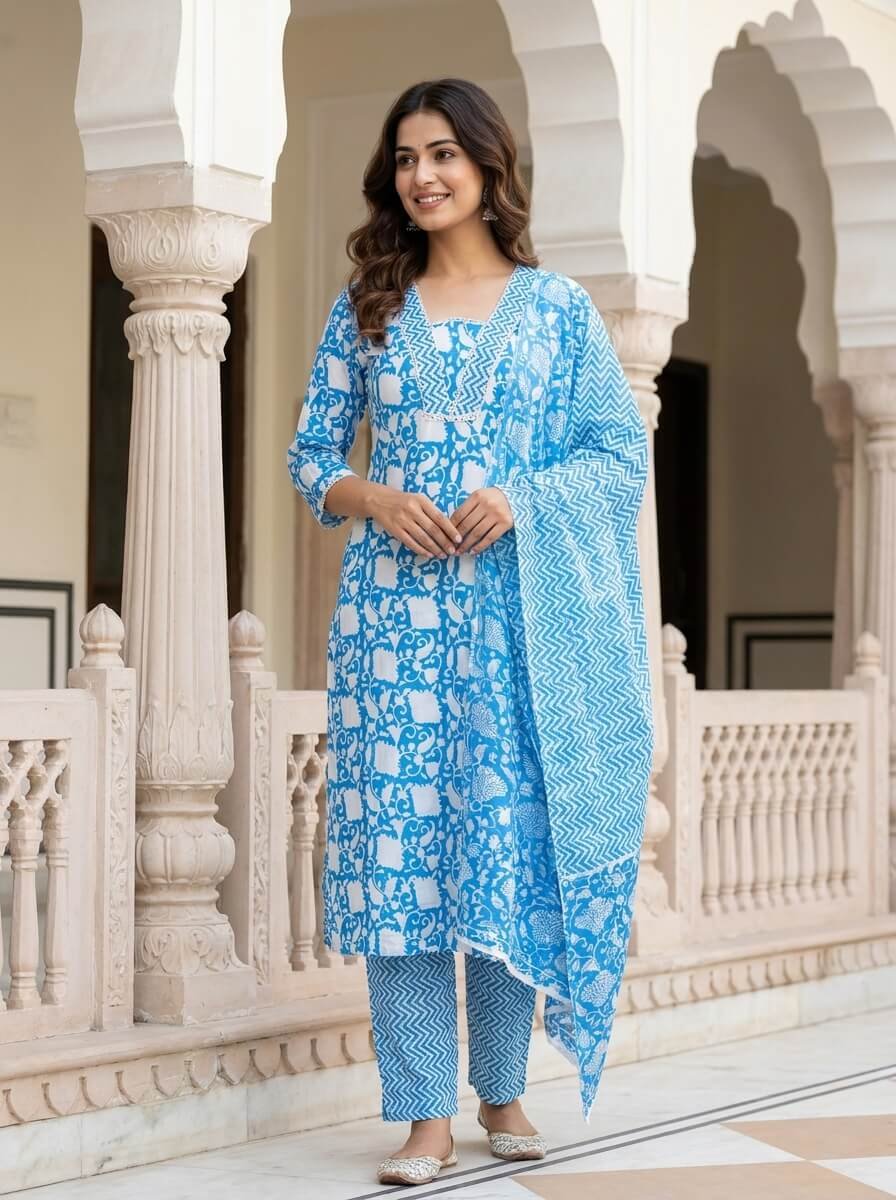 Sky Blue Floral Cotton 3-Pc Chevron Yoke Salwar Suit Set Sky Blue Floral Cotton 3-Pc Chevron Yoke Salwar Suit Set