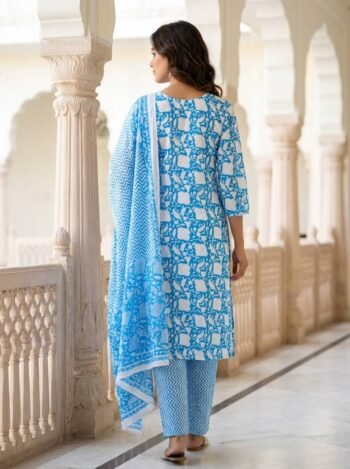 Sky Blue Floral Cotton 3-Pc Chevron Yoke Salwar Suit Set