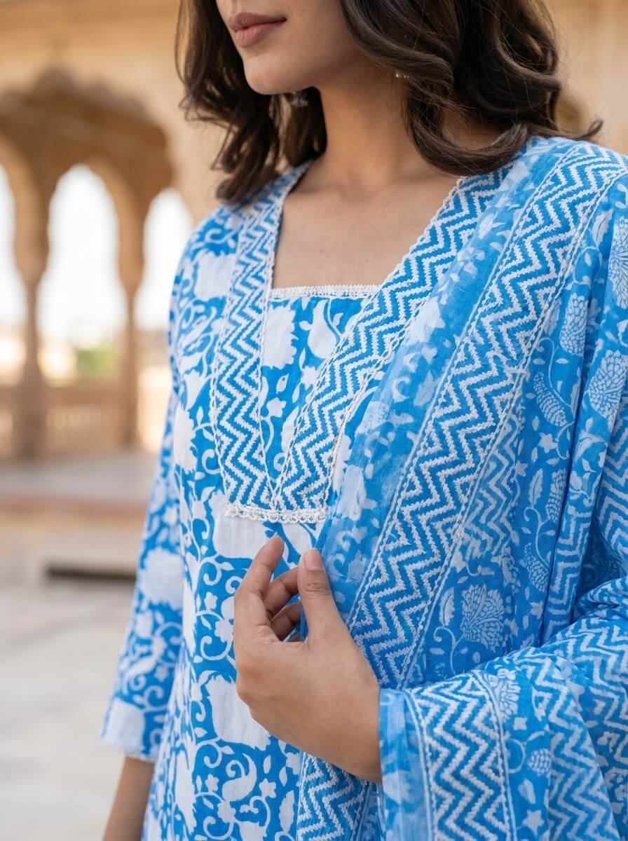 Sky Blue Floral Cotton 3-Pc Chevron Yoke Salwar Suit Set3 Sky Blue Floral Cotton 3-Pc Chevron Yoke Salwar Suit Set
