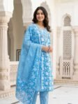 Sky Blue Floral Cotton 3-Pc Chevron Yoke Salwar Suit Set