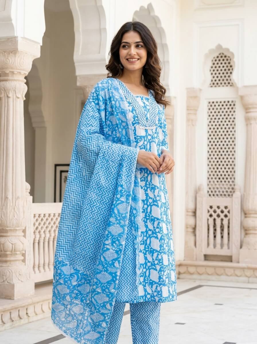 Sky Blue Floral Cotton 3-Pc Chevron Yoke Salwar Suit Set4 Sky Blue Floral Cotton 3-Pc Chevron Yoke Salwar Suit Set
