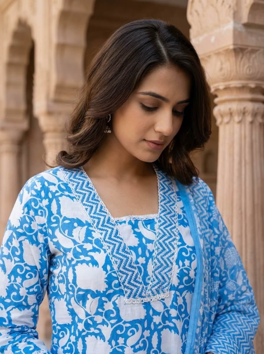 Sky Blue Floral Cotton 3-Pc Chevron Yoke Salwar Suit Set5 Sky Blue Floral Cotton 3-Pc Chevron Yoke Salwar Suit Set