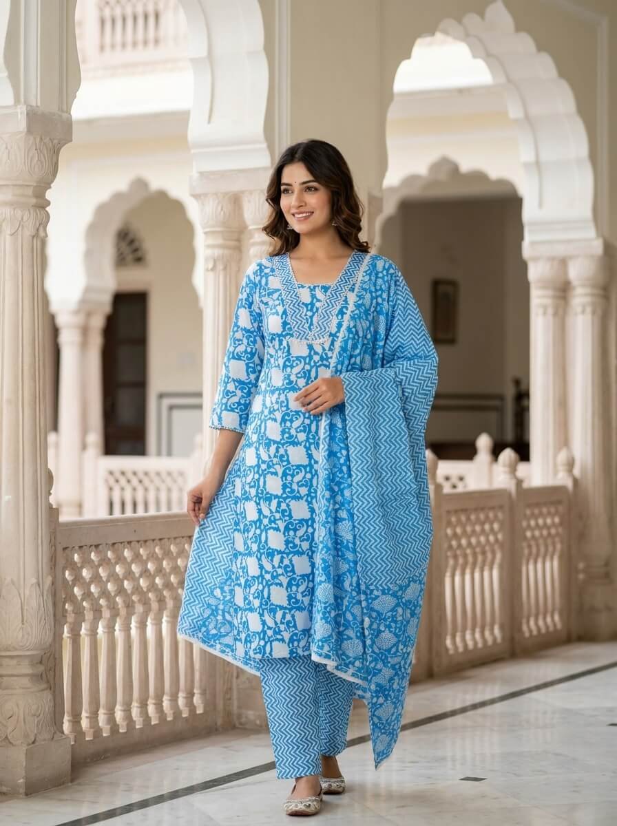 Sky Blue Floral Cotton 3-Pc Chevron Yoke Salwar Suit Set6 Sky Blue Floral Cotton 3-Pc Chevron Yoke Salwar Suit Set