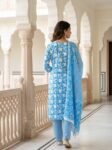 Sky Blue Floral Cotton 3-Pc Chevron Yoke Salwar Suit Set