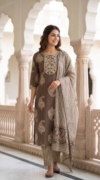 Taupe Brown Paisley Cotton 3-Pc Zari Embroidered Salwar Suit Set
