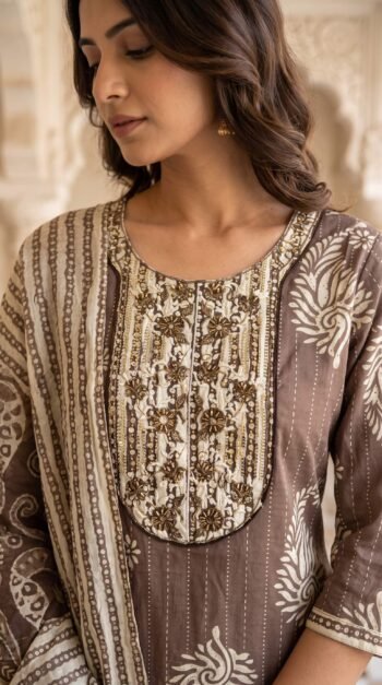 Taupe Brown Paisley Cotton 3-Pc Zari Embroidered Salwar Suit Set
